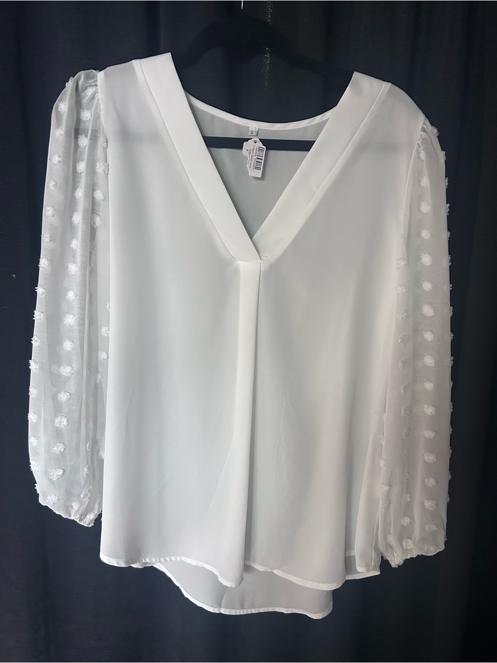 White V-Neck Blouse with Sheer Dot Sleeves - Picture 1 of 3